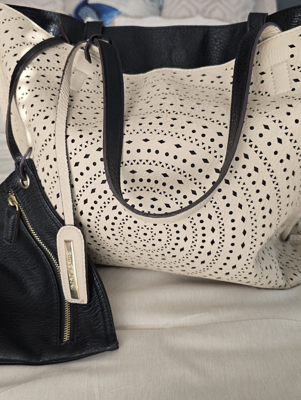 Street Level Laser Cut Tote Bag Vegan Leather Boho Weekender Pouch Included EUC
